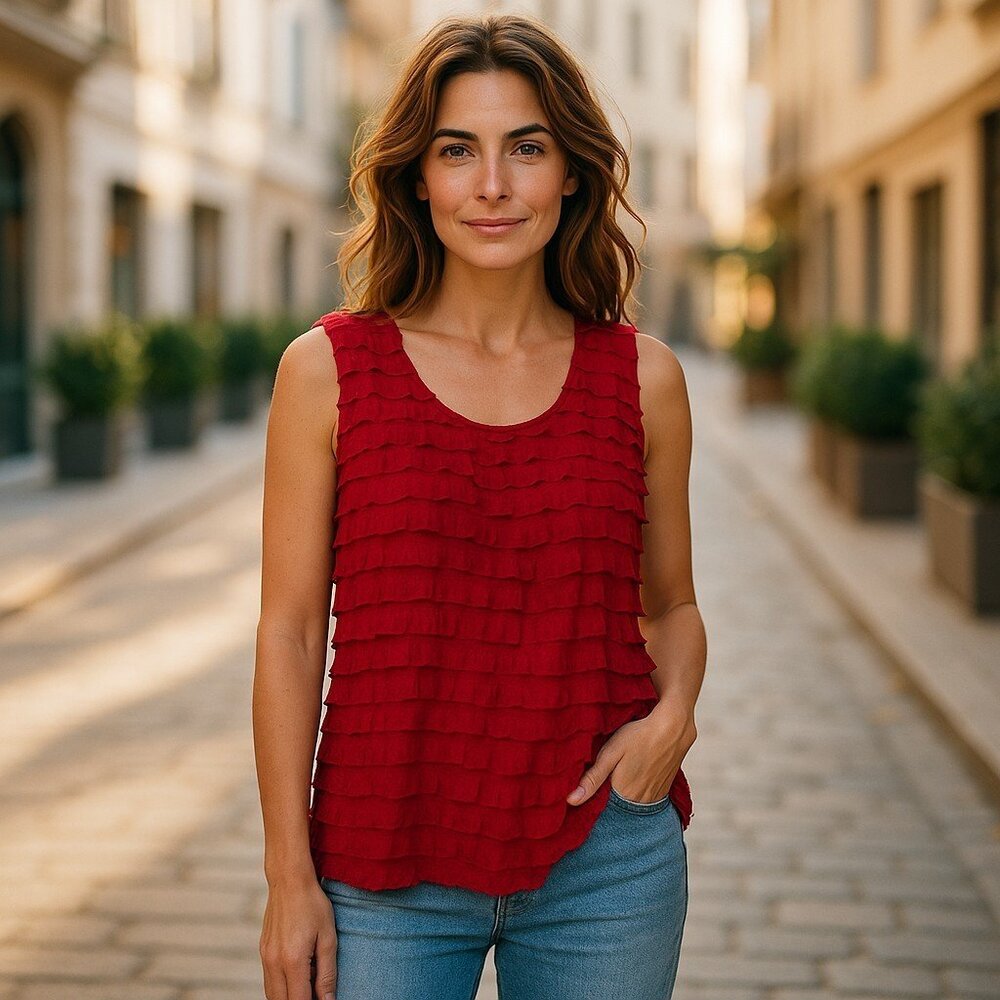 Laura Ashley Women's Vibrant Red Tiered Ruffled Sleeveless Blouse. Size Medium